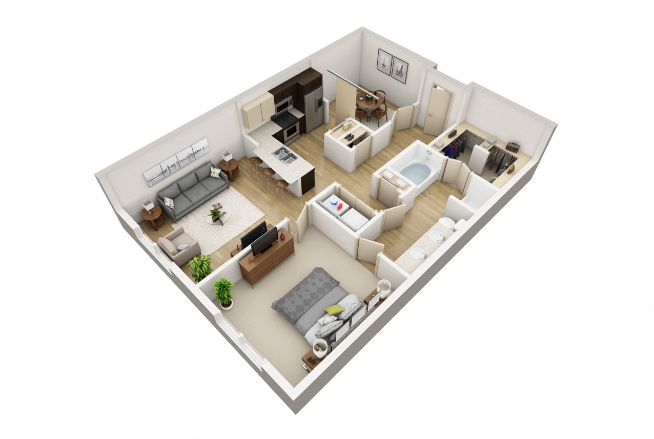 Floor plan for 1 bed, 1 bath, 938 sqft